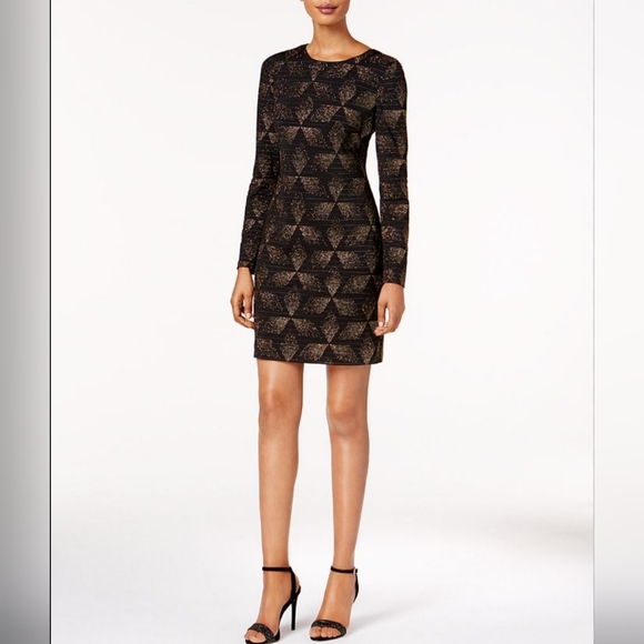 VINCE CAMUTO Black and Gold Metallic Geo-Print Sheath‎ Mini Dress Womens 4 - Picture 1 of 8